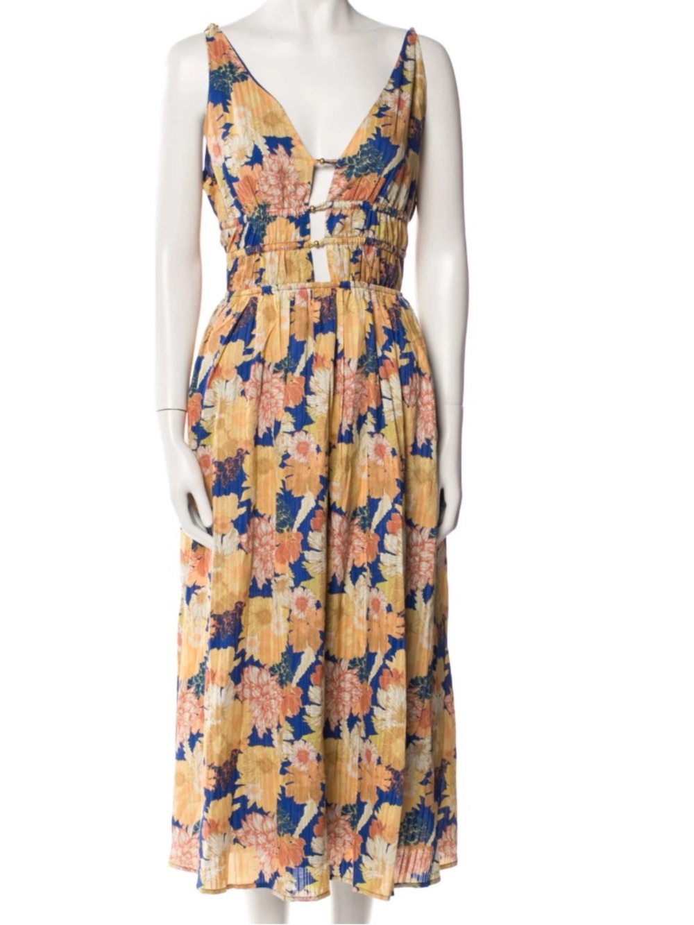 Caroline Constas A line Yellow & Blue Floral Midi Dress